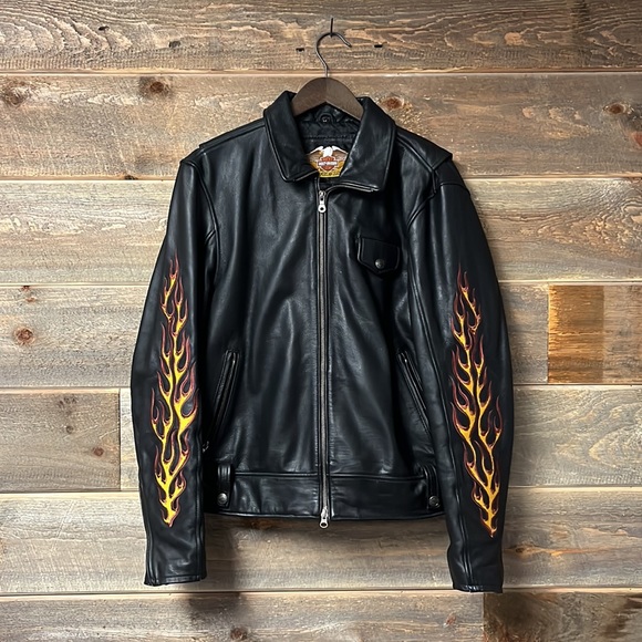SOLD Harley Davidson Men’s Leather Flames Jacket M - Picture 2 of 8